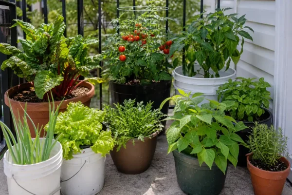 Container vegetable garden with lettuce, tomatoes, peppers, beans, and herbs in pots