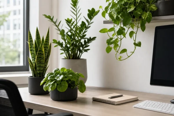 Office desk with low maintenance houseplants near window light