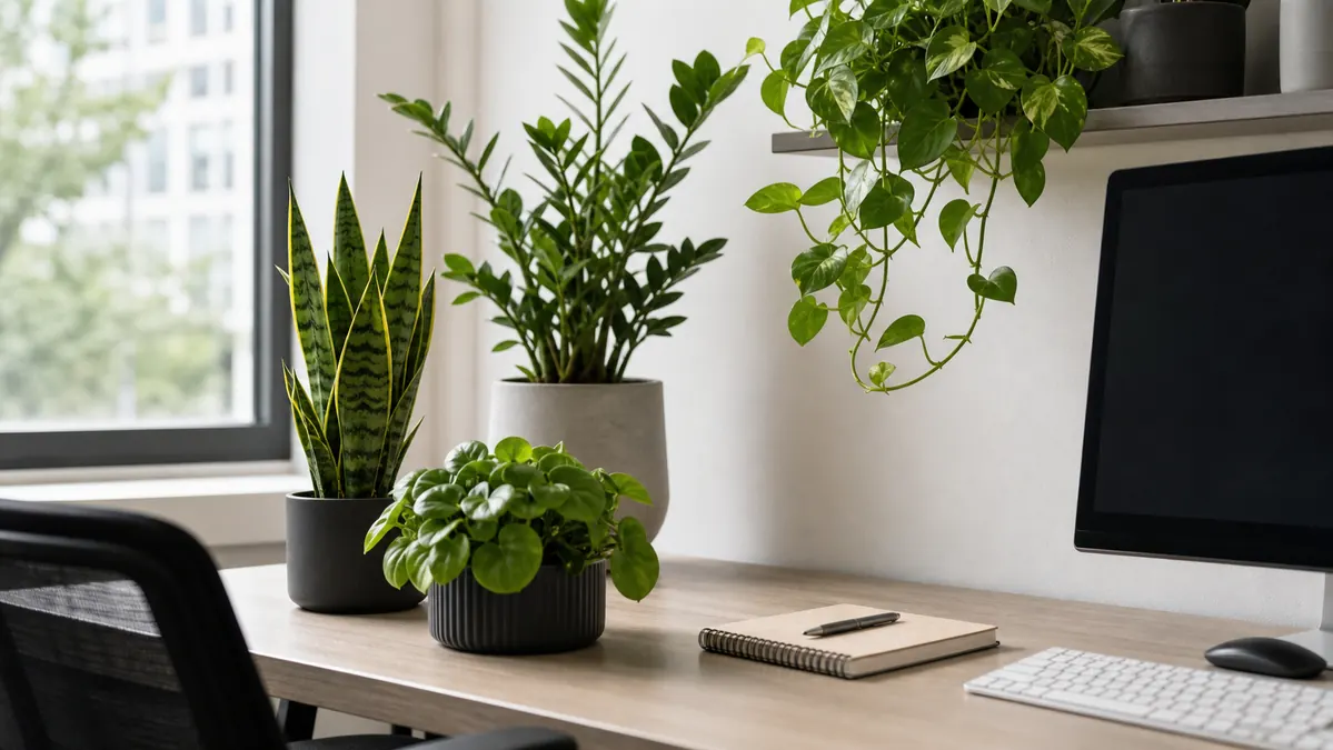 Office desk with low maintenance houseplants near window light