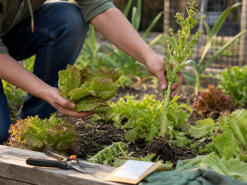 Gardener removing a bolted lettuce plant while saving usable leaves