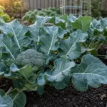 Broccoli plants with a firm head growing in a home vegetable bed