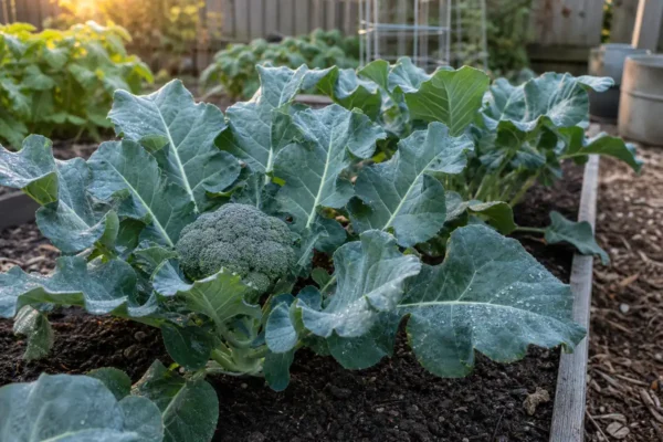 Broccoli plants with a firm head growing in a home vegetable bed