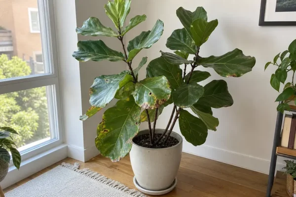 Fiddle leaf fig with brown spots near a bright window