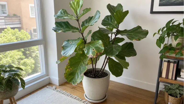 Fiddle leaf fig with brown spots near a bright window