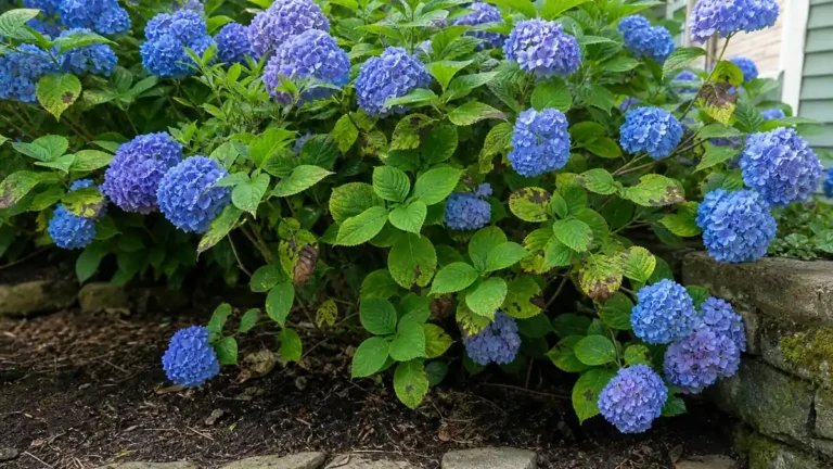Hydrangea shrub with brown spotted leaves in a garden