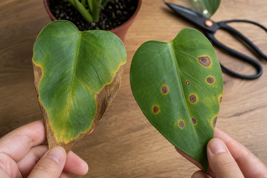 Two houseplant leaves showing dry brown edge damage and separate round brown spots for comparison