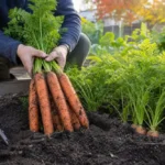 Fresh carrots and young carrot foliage growing in loose garden soil