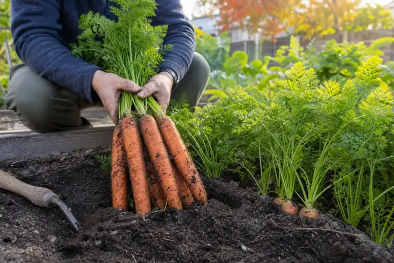 Fresh carrots and young carrot foliage growing in loose garden soil