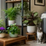Cat safe house plants arranged in a bright living room with a cat nearby
