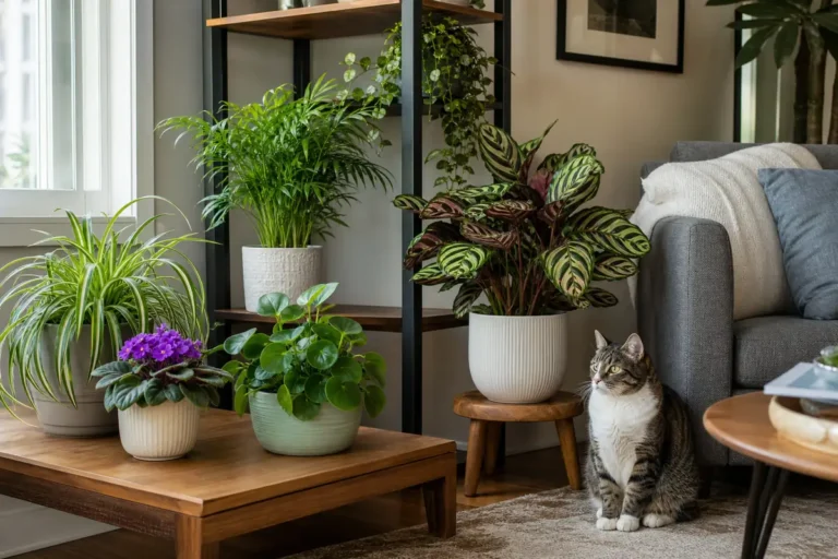 Cat safe house plants arranged in a bright living room with a cat nearby