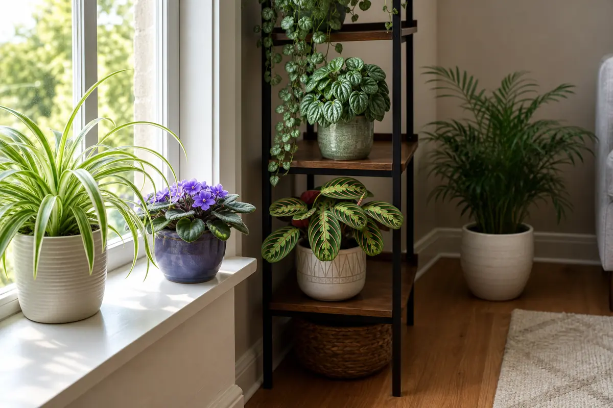 Cat-safe houseplants arranged from bright window light to lower indoor light