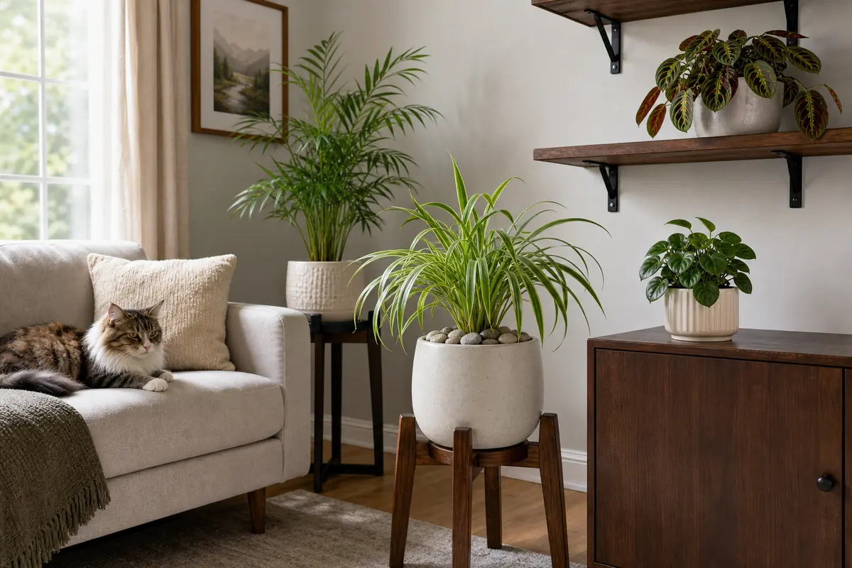 Cat-safe houseplants placed on sturdy stands and shelves away from a resting cat