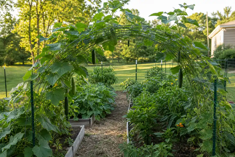 Cattle panel arch supporting cucumber vines between two garden beds