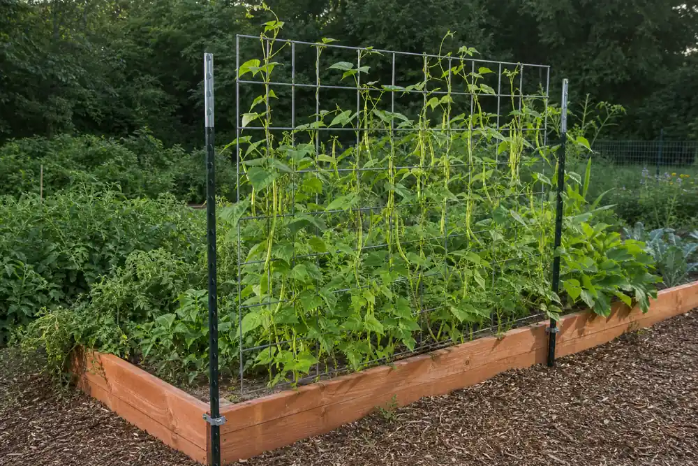 Pole beans climbing a cattle panel trellis beside a raised garden bed