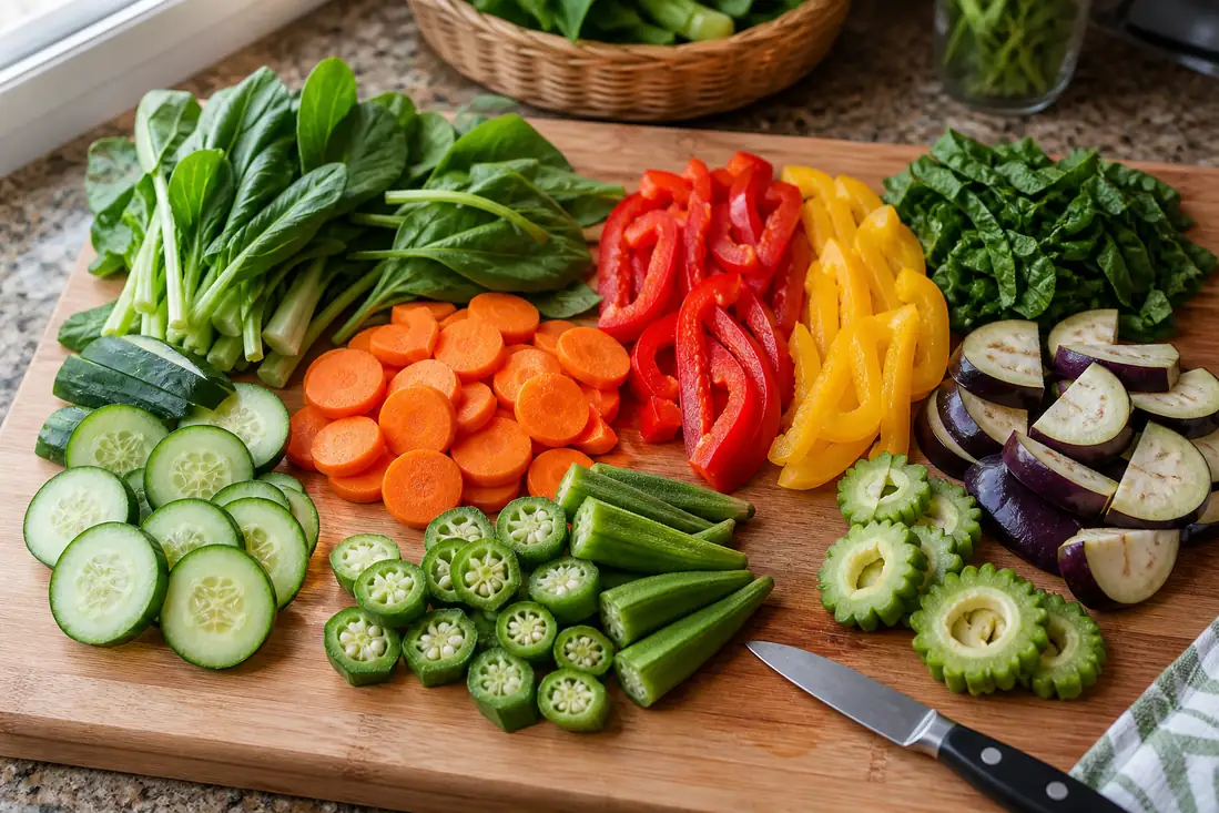 Colorful board of sliced common and exotic vegetables including carrots, peppers, okra, eggplant, and leafy greens