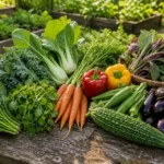 Common and exotic vegetables harvested from a home garden, including greens, peppers, carrots, okra, bitter melon, eggplant, and cucumber
