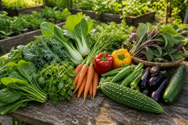 Common and exotic vegetables harvested from a home garden, including greens, peppers, carrots, okra, bitter melon, eggplant, and cucumber