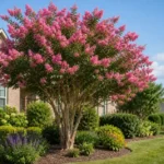 Mature crepe myrtle tree blooming in full sun in a residential front yard