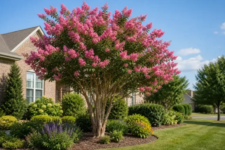 Mature crepe myrtle tree blooming in full sun in a residential front yard