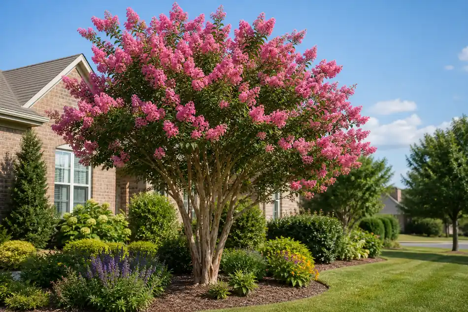Mature crepe myrtle tree blooming in full sun in a residential front yard