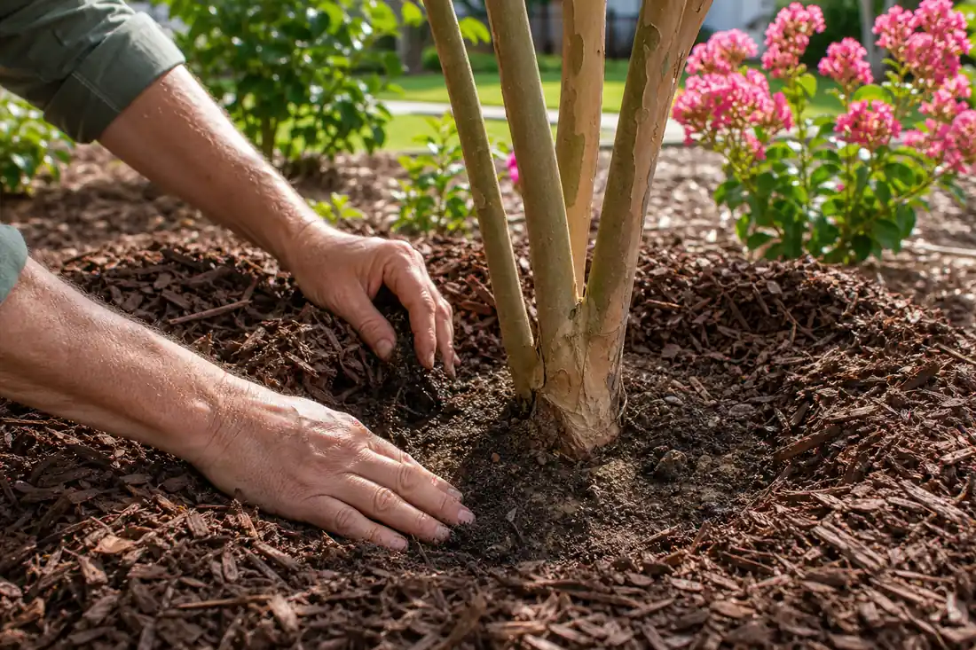 Gardener checking soil moisture and mulch depth around the base of a crepe myrtle tree