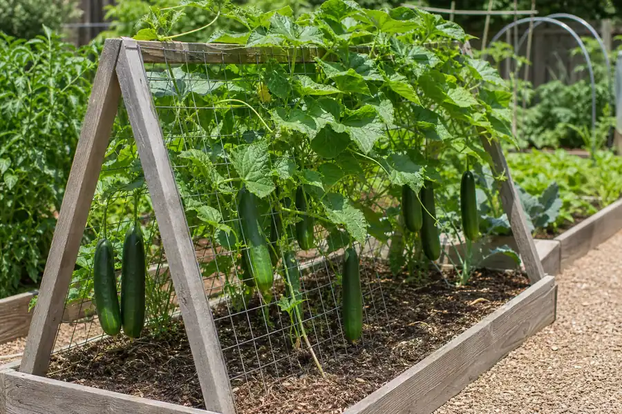 Cucumbers hanging from a sturdy A-frame trellis in a raised vegetable bed