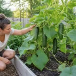 Healthy cucumber vines producing fruit on a garden trellis