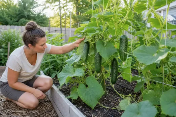 Healthy cucumber vines producing fruit on a garden trellis