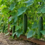 Cucumber vines growing on a trellis with straight clean fruit
