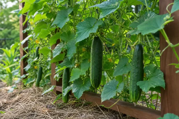 Cucumber vines growing on a trellis with straight clean fruit