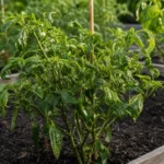 Pepper plant with curled leaves in a backyard vegetable garden