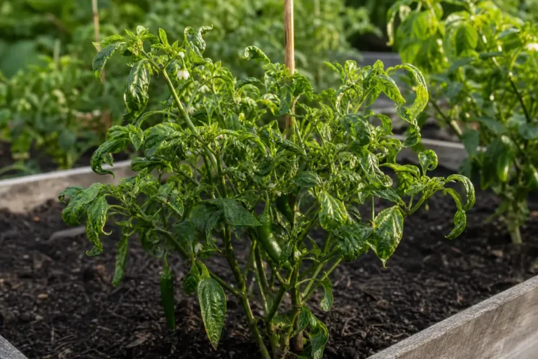 Pepper plant with curled leaves in a backyard vegetable garden