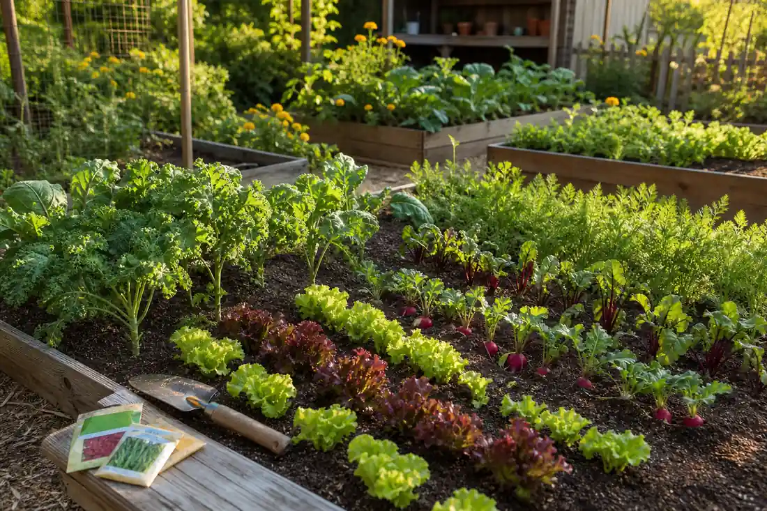 Late-summer raised beds planted with fall crops for a second harvest