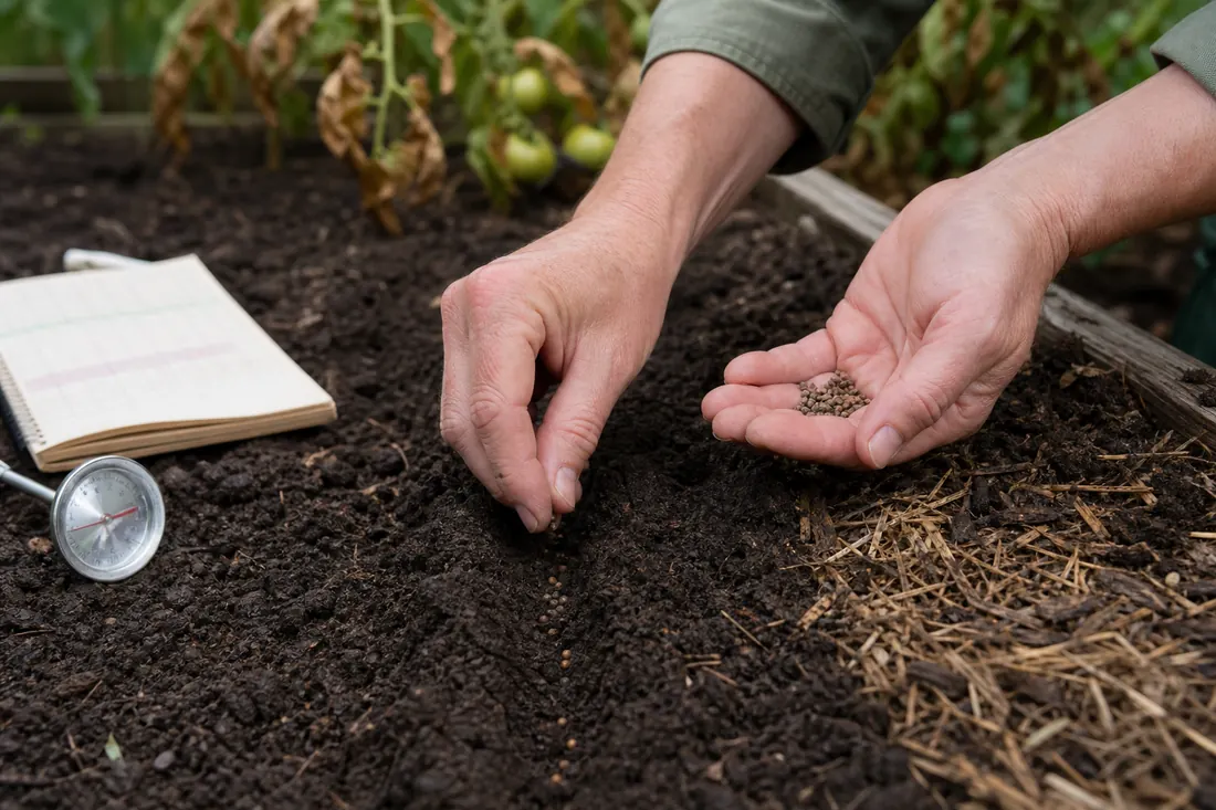 Hands sowing fall vegetable seeds into a late-summer raised bed