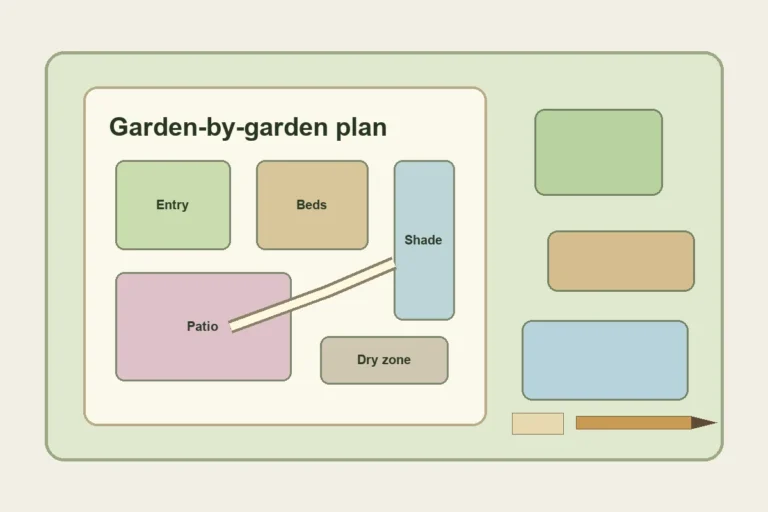 Garden-by-garden yard planning board divided into separate outdoor zones
