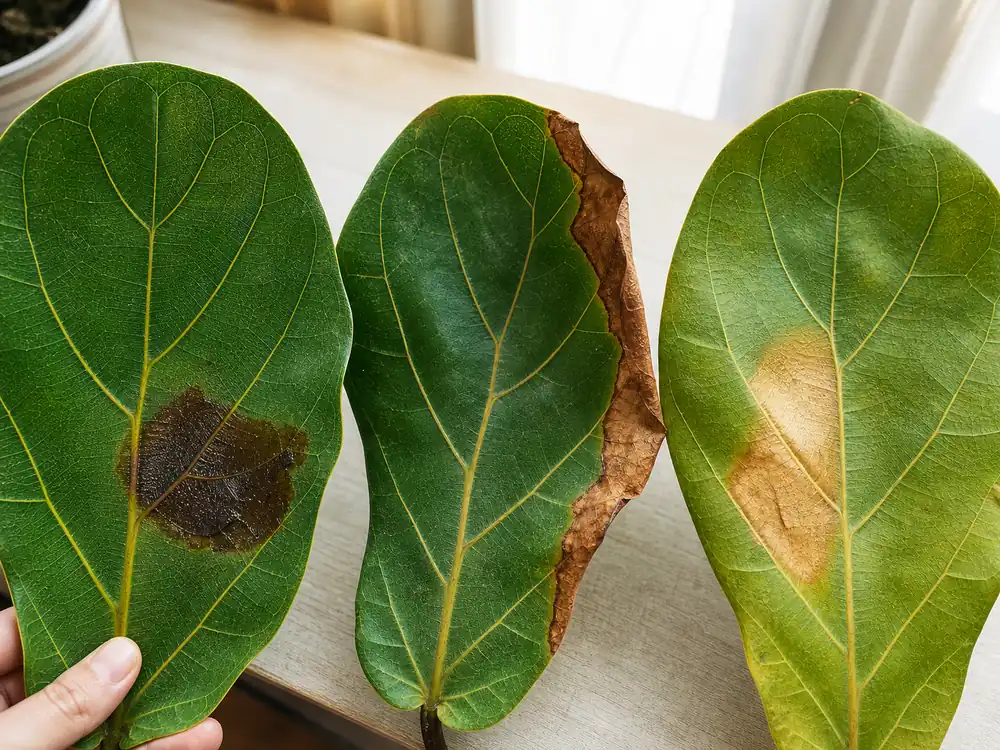 Fiddle leaf fig leaves showing wet brown spots, crispy edges, and tan sunburn patches