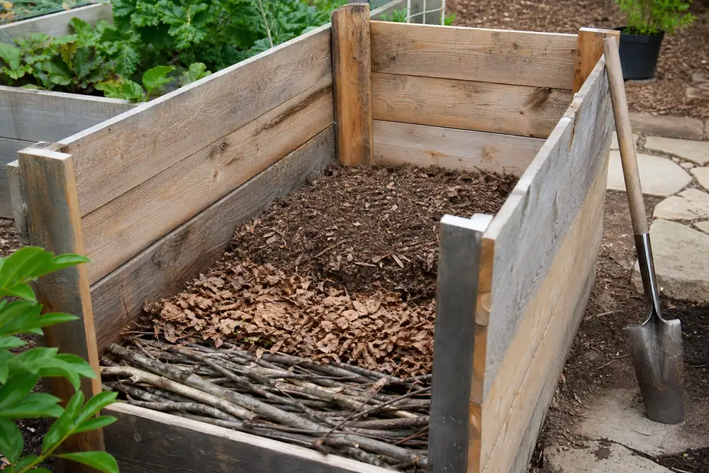 Clean branches and leaves placed in the lower third of a tall raised bed before soil is added