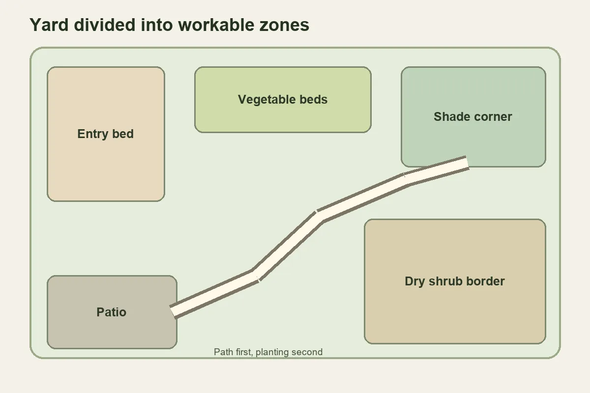 Top-down yard plan divided into patio, path, vegetable, shade, and utility zones