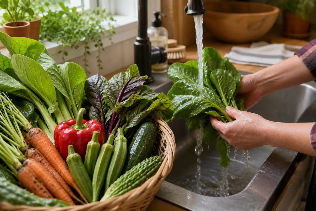 Fresh garden harvest of leafy greens, peppers, okra, carrots, and bitter melon being rinsed before cooking