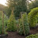 Vegetable garden with pea netting, bean teepee, cucumber frame, and squash arch trellises