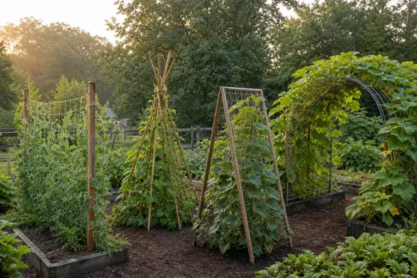 Vegetable garden with pea netting, bean teepee, cucumber frame, and squash arch trellises