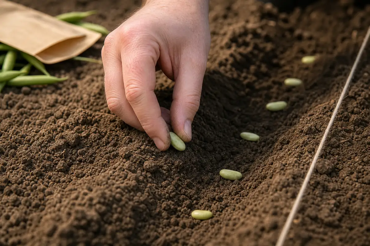 Green bean seeds being direct sown in a warm garden row