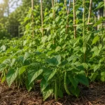 Bush beans and pole beans growing together in a sunny vegetable garden