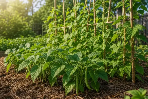 Bush beans and pole beans growing together in a sunny vegetable garden