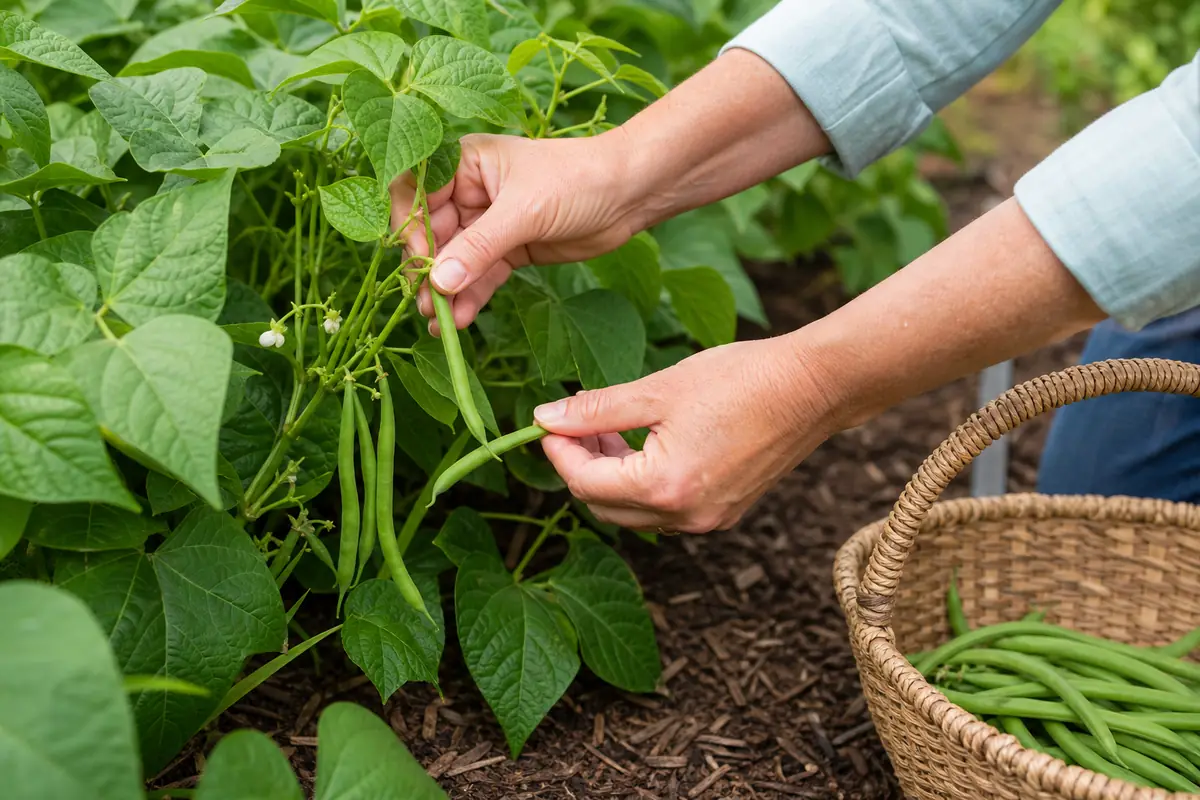 Hands harvesting young green beans from healthy garden plants