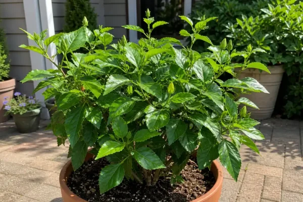 Potted hibiscus plant with green leaves and buds but no open flowers