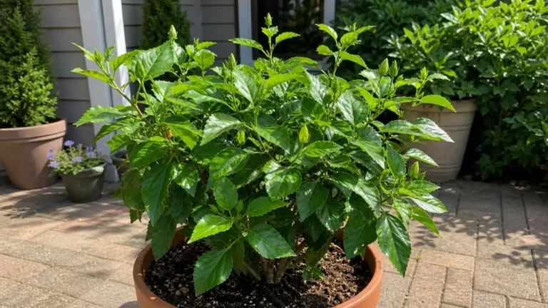 Potted hibiscus plant with green leaves and buds but no open flowers