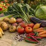 Common vegetables with historical and cultural origins arranged on a garden table, including corn, potatoes, tomatoes, peppers, carrots, eggplant, cabbage, squash, and beans