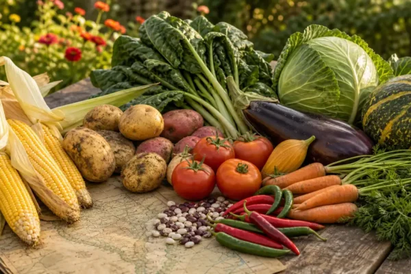Common vegetables with historical and cultural origins arranged on a garden table, including corn, potatoes, tomatoes, peppers, carrots, eggplant, cabbage, squash, and beans