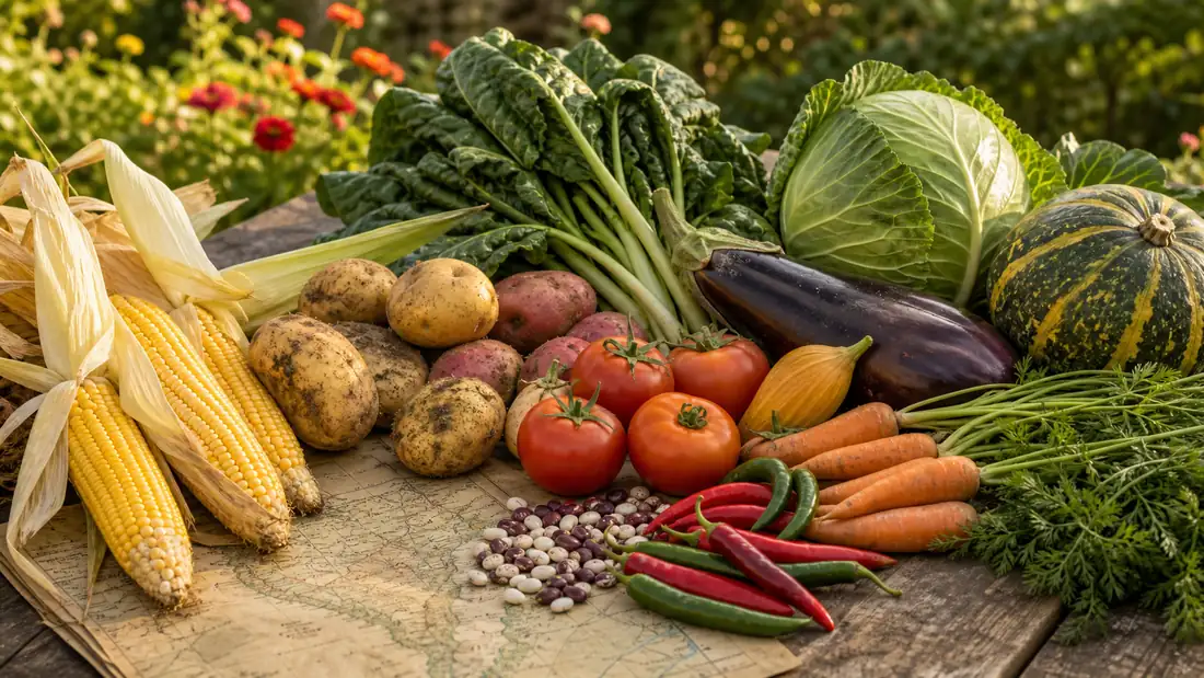 Common vegetables with historical and cultural origins arranged on a garden table, including corn, potatoes, tomatoes, peppers, carrots, eggplant, cabbage, squash, and beans